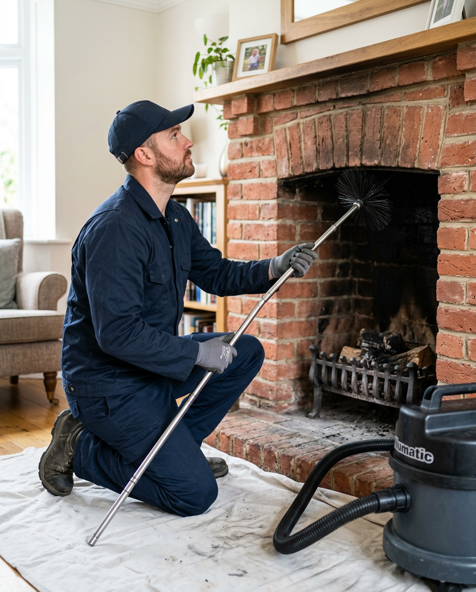 Chimney sweep technician cleaning a fireplace flue