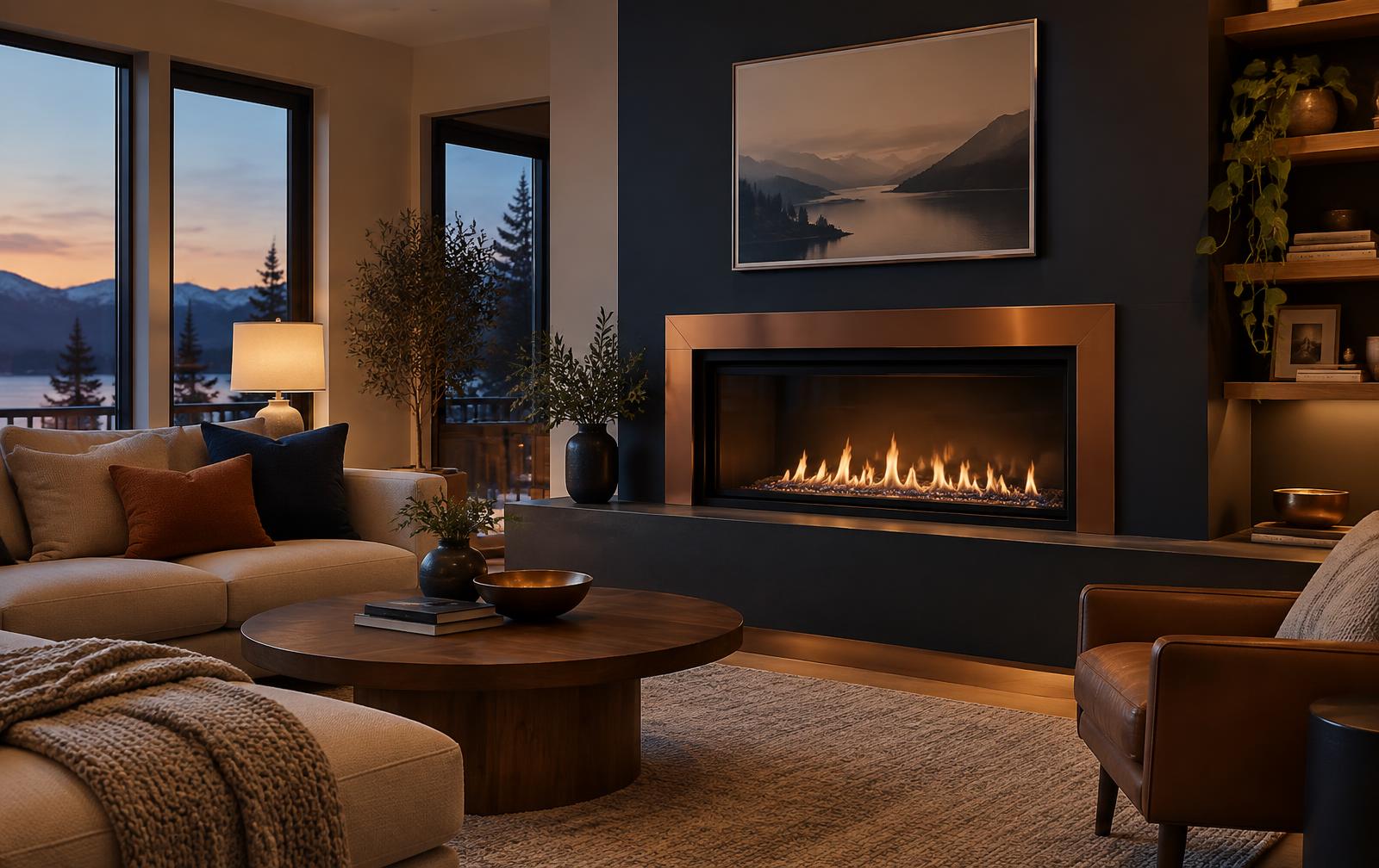Lit glass-front gas fireplace in a modern living room with a dark feature wall